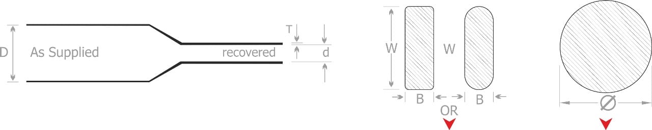 Manufacturer's dimension diagram: a sleeve in section at supplied bore D tapering to recovered bore d with wall thickness T, beside three bar sections — a square-edged and a radiused rectangular bar each marked width W and breadth B, and a round bar marked with its diameter.